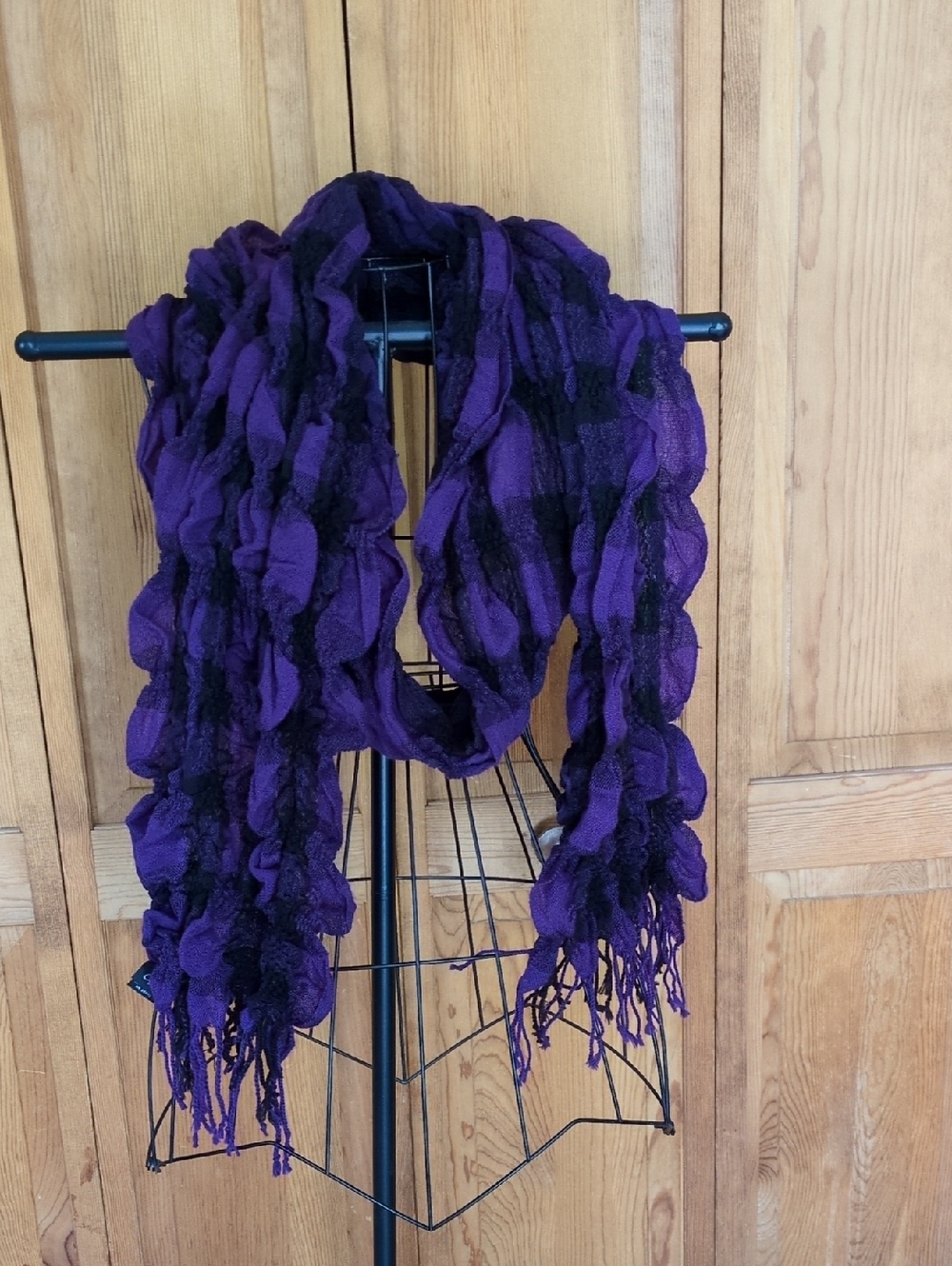 Cejon Purple Black Checked Ruffled Ruched Scarf Lightweight Fringe To
